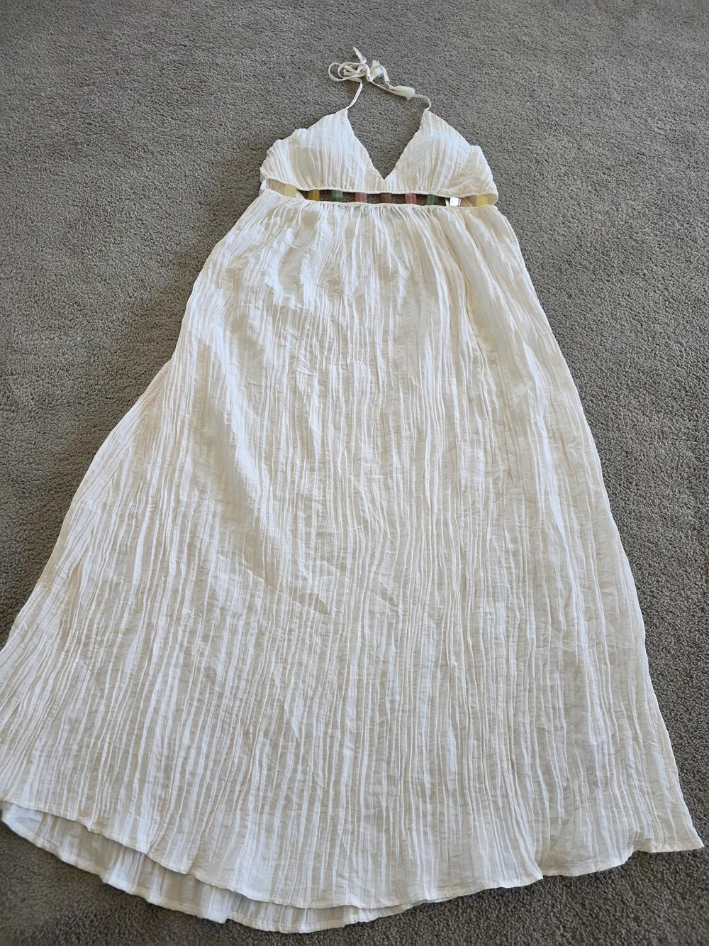 Anne Cole White Linen Halter Maxi Beach Cover Up Dress with Cutout Jewel Waist - Picture 5 of 8